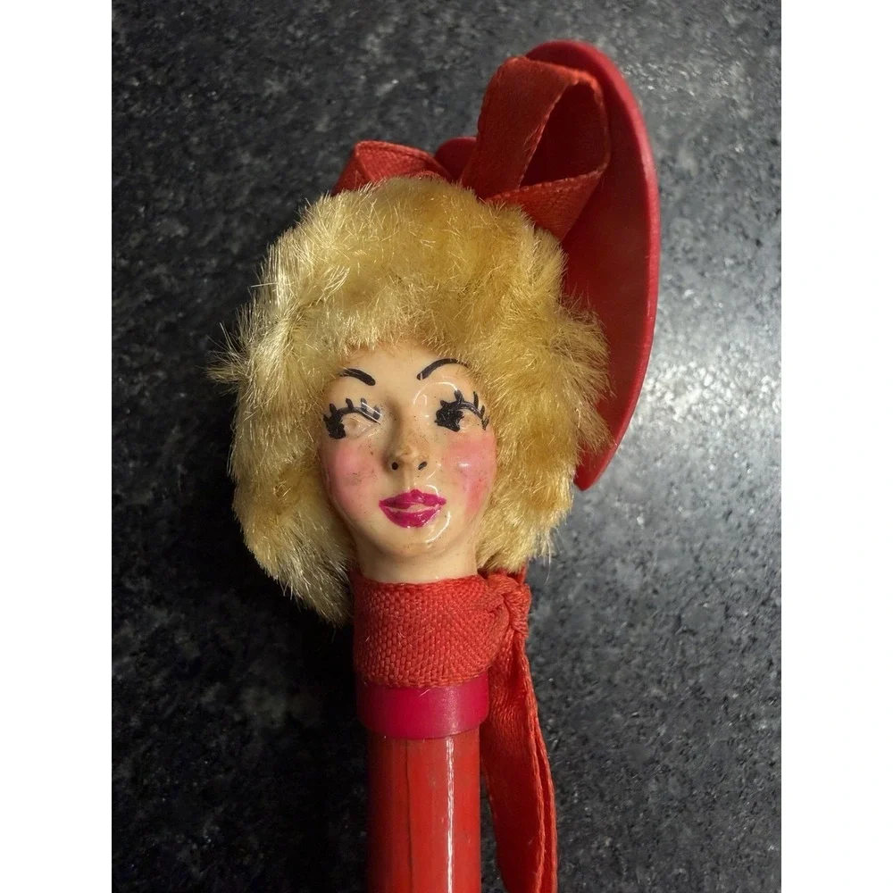 Vintage 1950s Novelty Doll Head Pencil Blonde Hair Red Hat Mid Century Figural